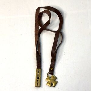 Rare Vtg Lucky Brand Purse Charm 4 Leaf Clover Handbag Key Fob Brass / Leather